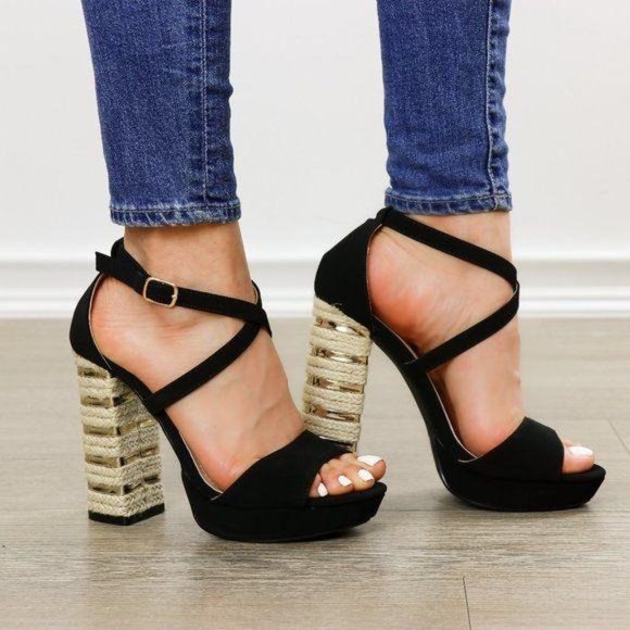 Shoes - Espadrille Heel Black Open Toe Platform Sandals